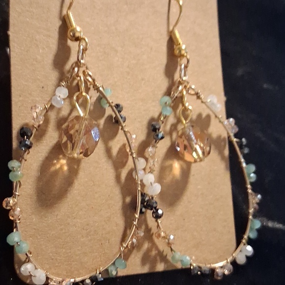 Gold and Multicolor Beaded Teardrop Earrings - Picture 3 of 6